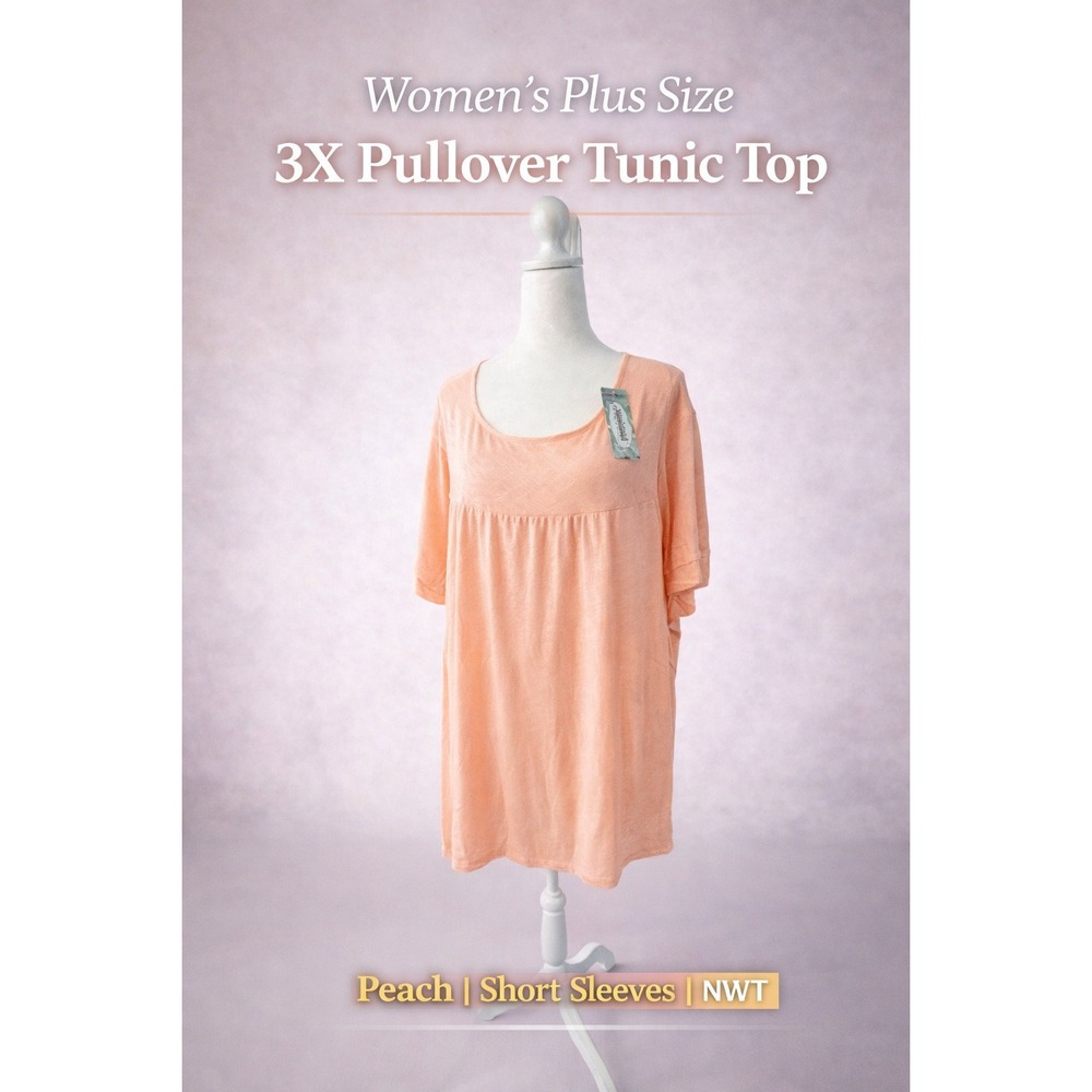 National Women 3X Peach Pullover Tunic Top Short Sleeve Babydoll Lined NWT‎